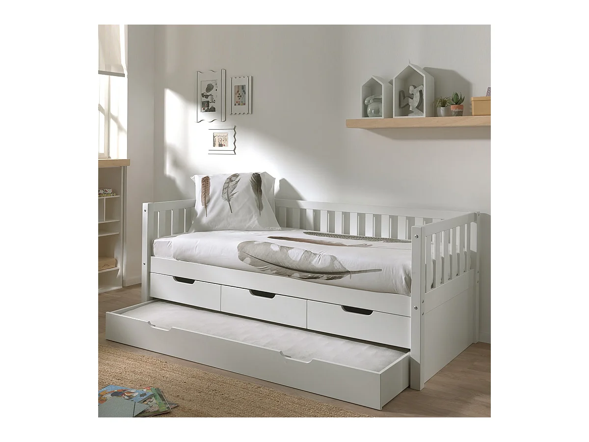 YAX - Lit Gigogne 90x200cm à Tiroirs en Pin Laqué Blanc