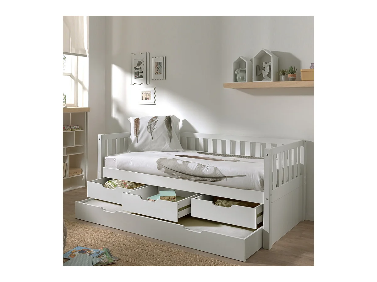 YAX - Lit Gigogne 90x200cm à Tiroirs en Pin Laqué Blanc
