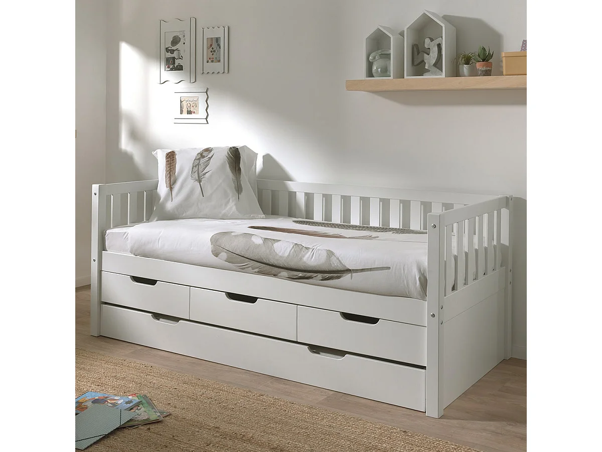 YAX - Lit Gigogne 90x200cm à Tiroirs en Pin Laqué Blanc