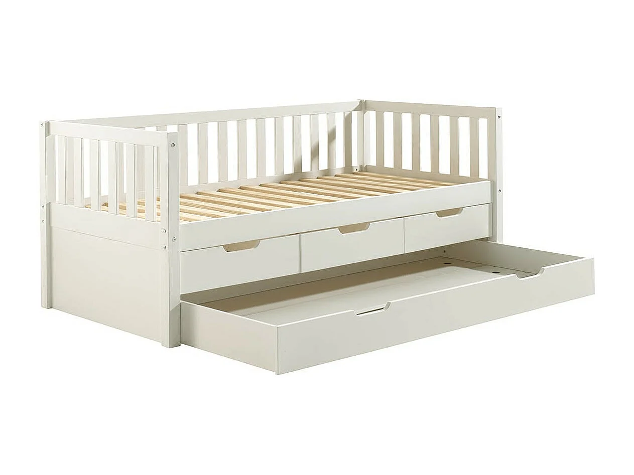 YAX - Lit Gigogne 90x200cm à Tiroirs en Pin Laqué Blanc