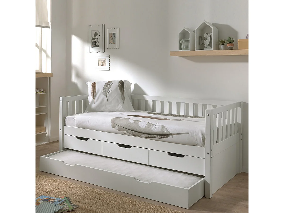 YAX - Lit Gigogne 90x200cm à Tiroirs en Pin Laqué Blanc