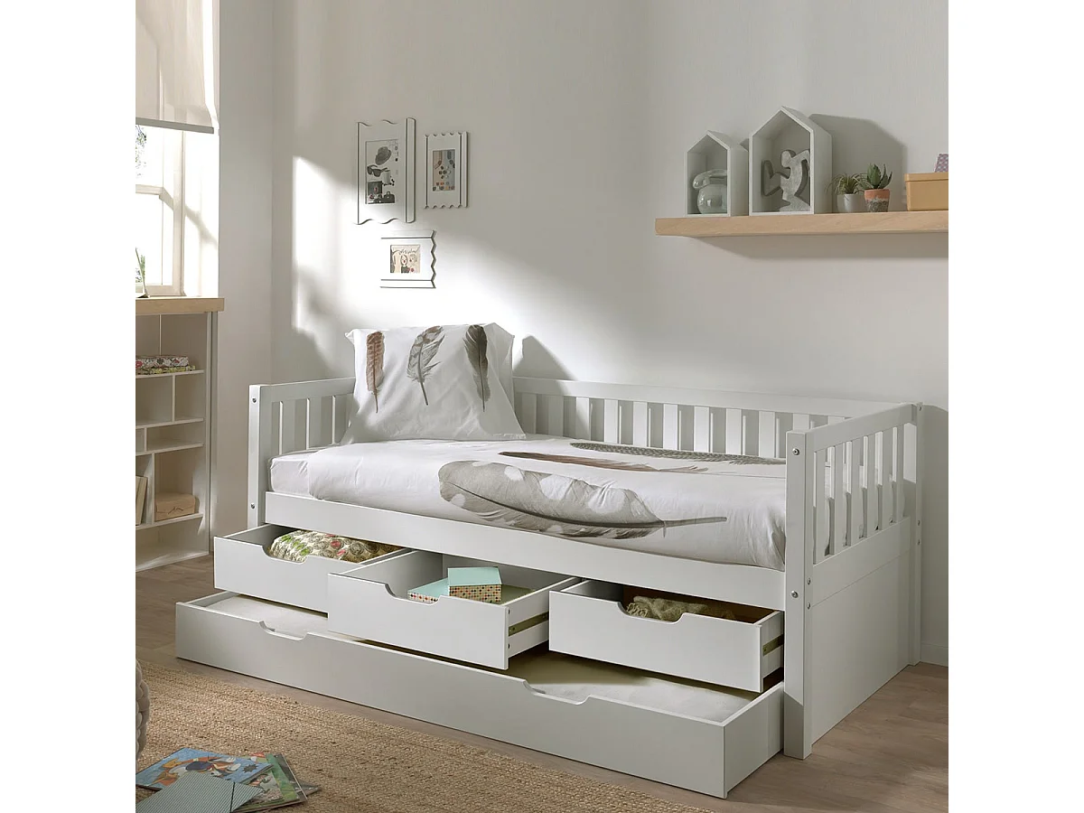 YAX - Lit Gigogne 90x200cm à Tiroirs en Pin Laqué Blanc