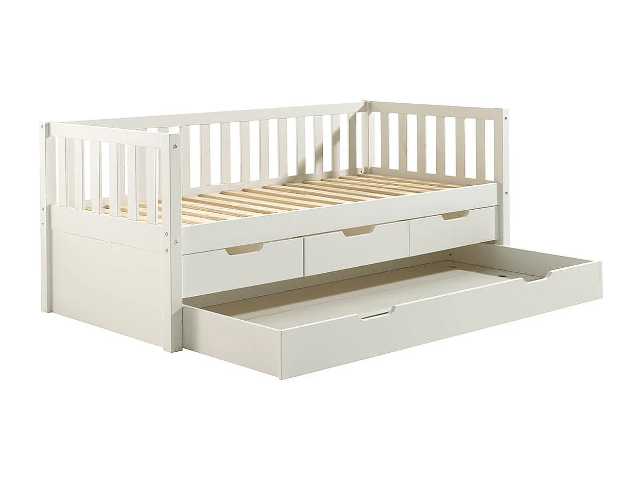 YAX - Lit Gigogne 90x200cm à Tiroirs en Pin Laqué Blanc