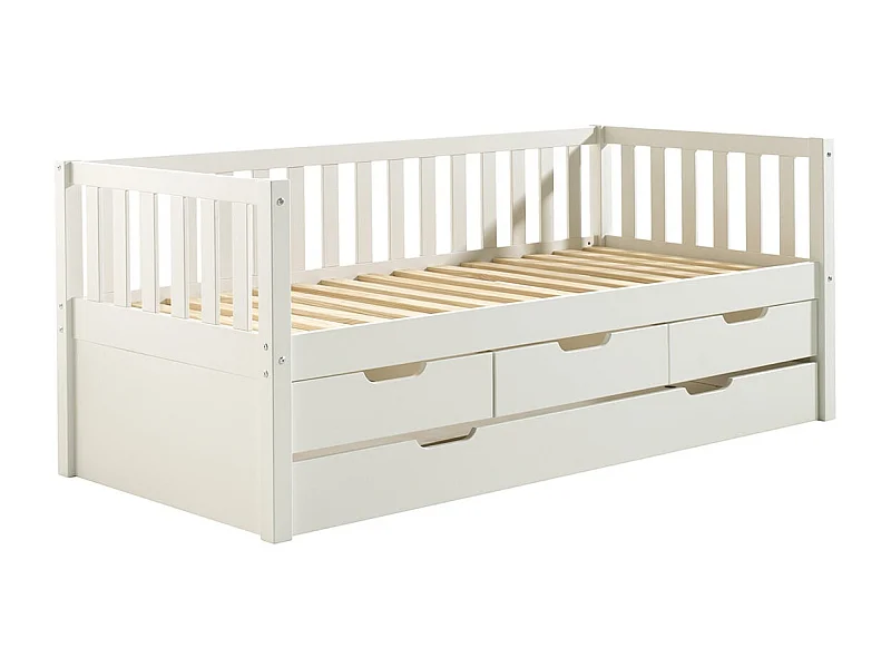 YAX - Lit Gigogne 90x200cm à Tiroirs en Pin Laqué Blanc