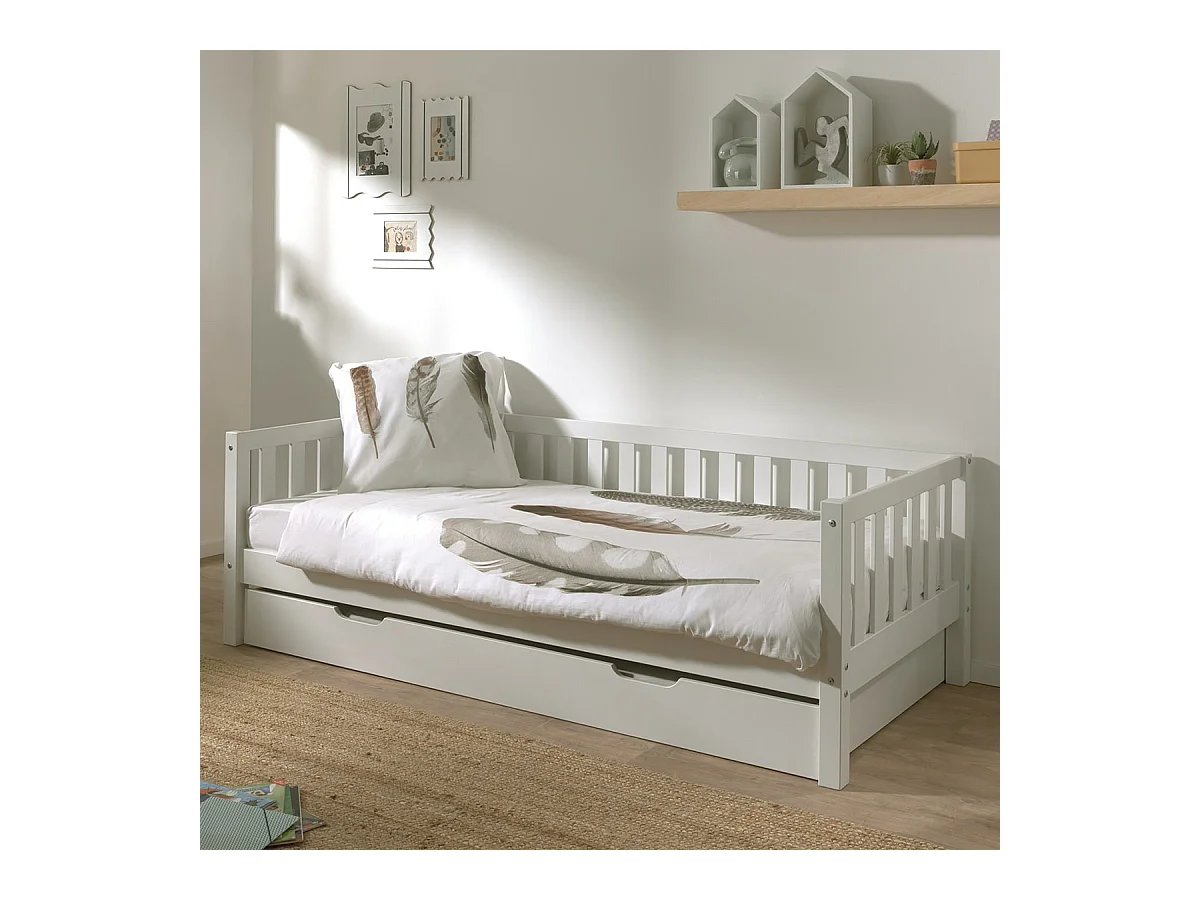 YAX - Lit Gigogne 90x200cm en Pin Laqué Blanc