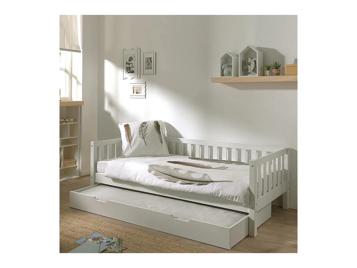 YAX - Lit Gigogne 90x200cm en Pin Laqué Blanc