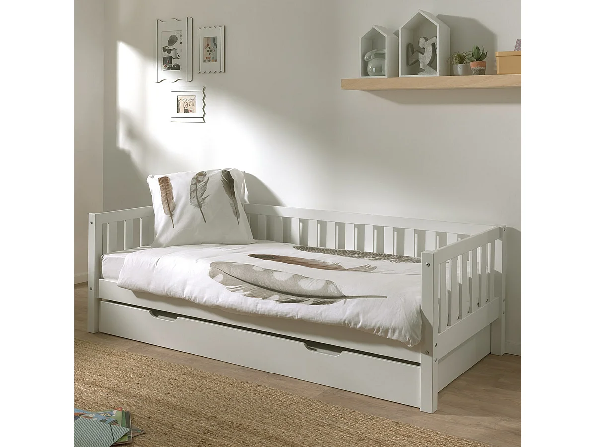 YAX - Lit Gigogne 90x200cm en Pin Laqué Blanc