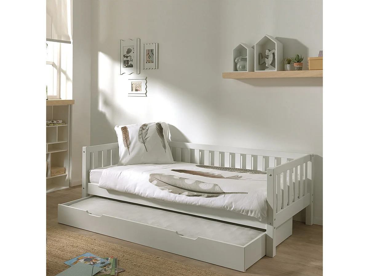 YAX - Lit Gigogne 90x200cm en Pin Laqué Blanc