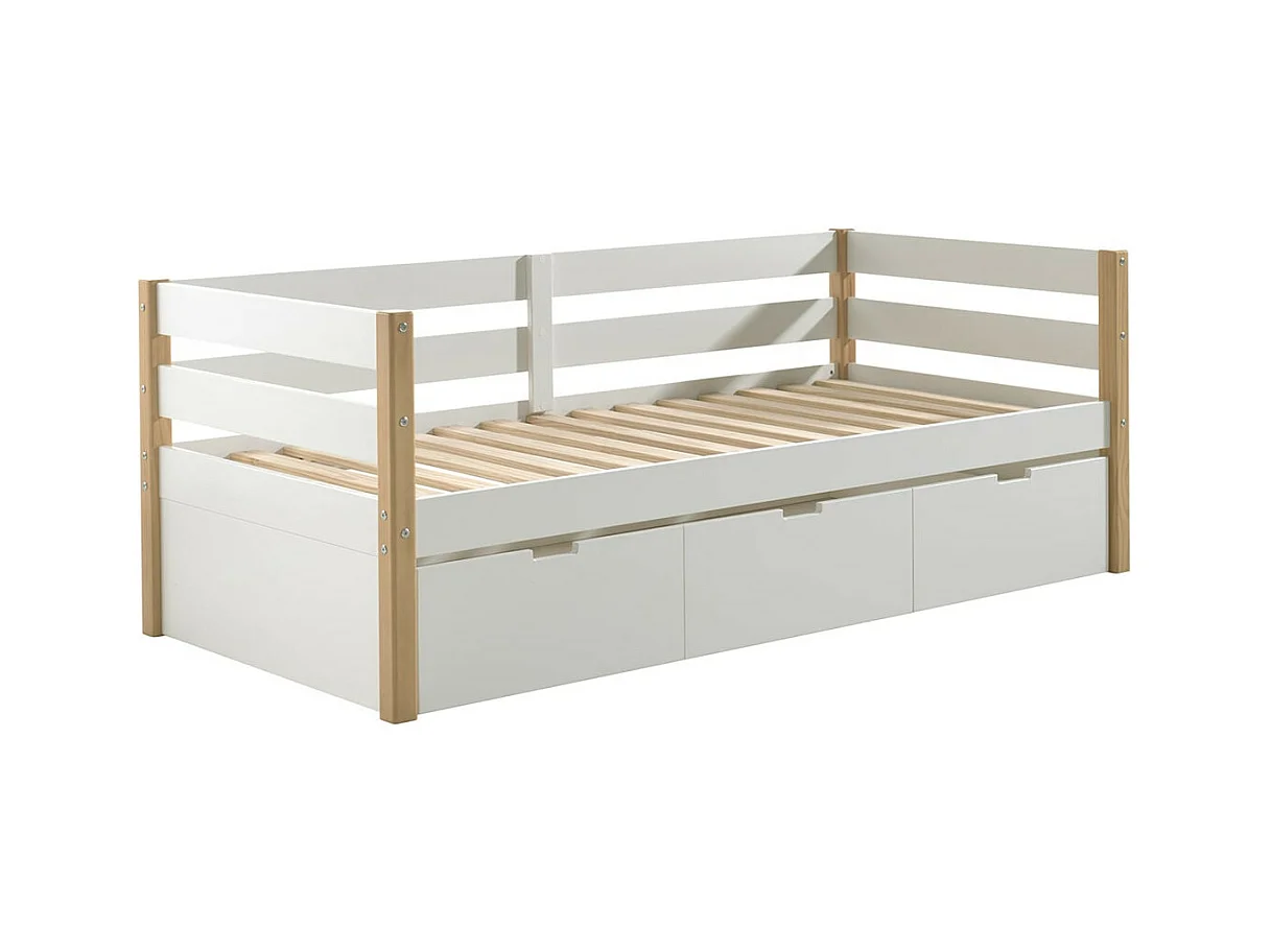 OLAF - Lit Gigogne 90x200cm Blanc et Bois