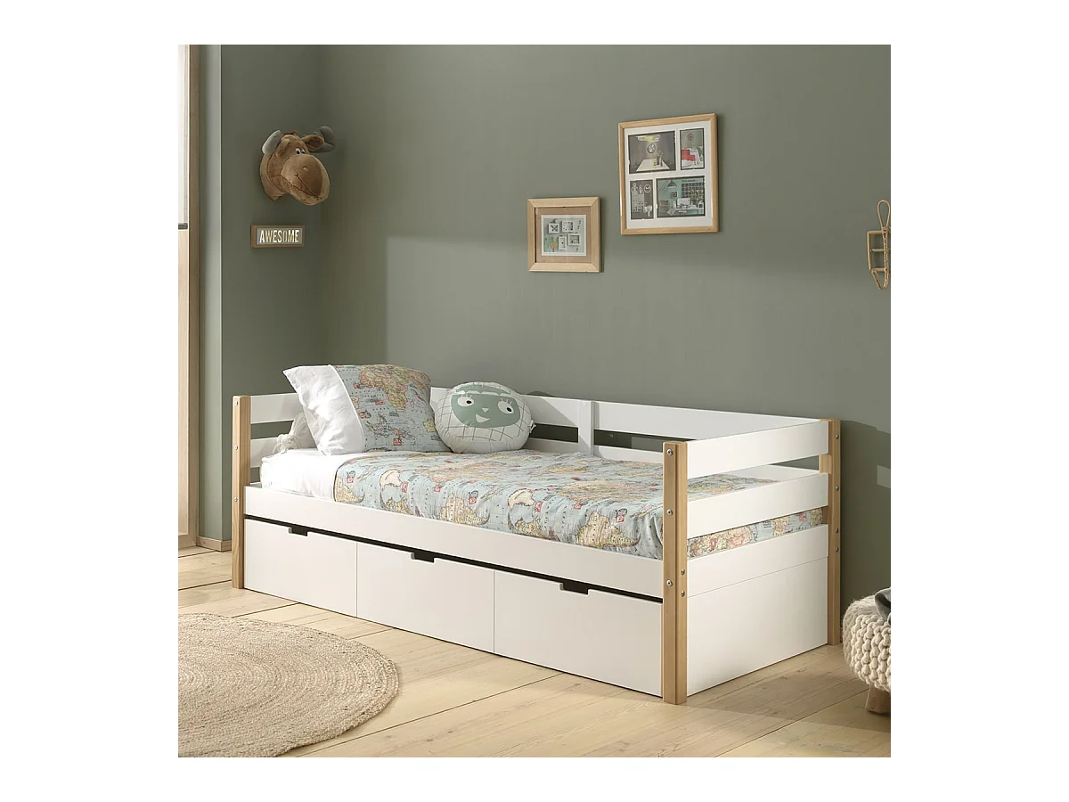 OLAF - Lit Gigogne 90x200cm Blanc et Bois