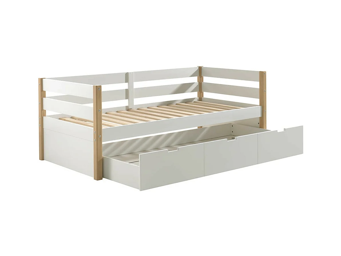 OLAF - Lit Gigogne 90x200cm Blanc et Bois