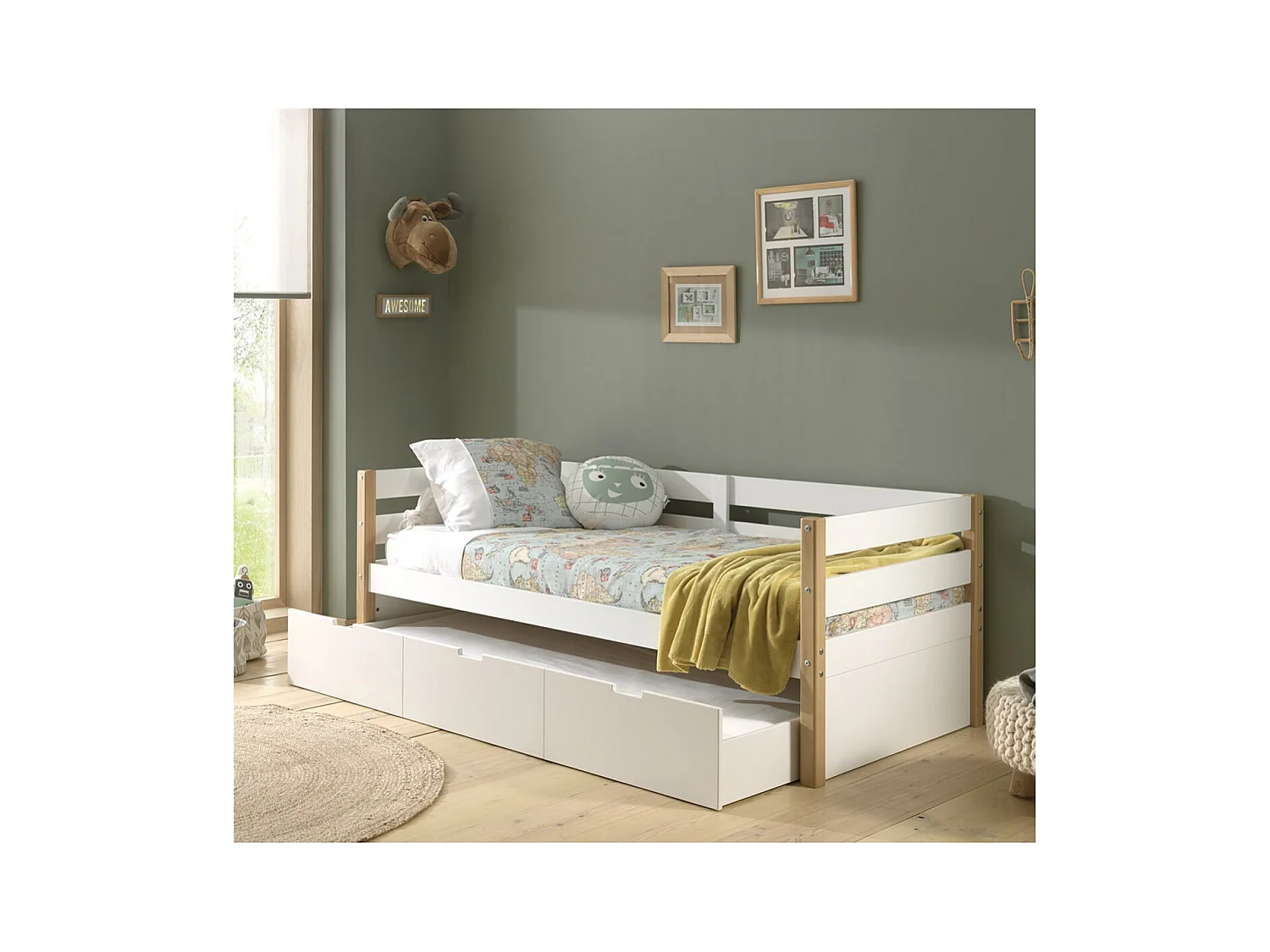 OLAF - Lit Gigogne 90x200cm Blanc et Bois