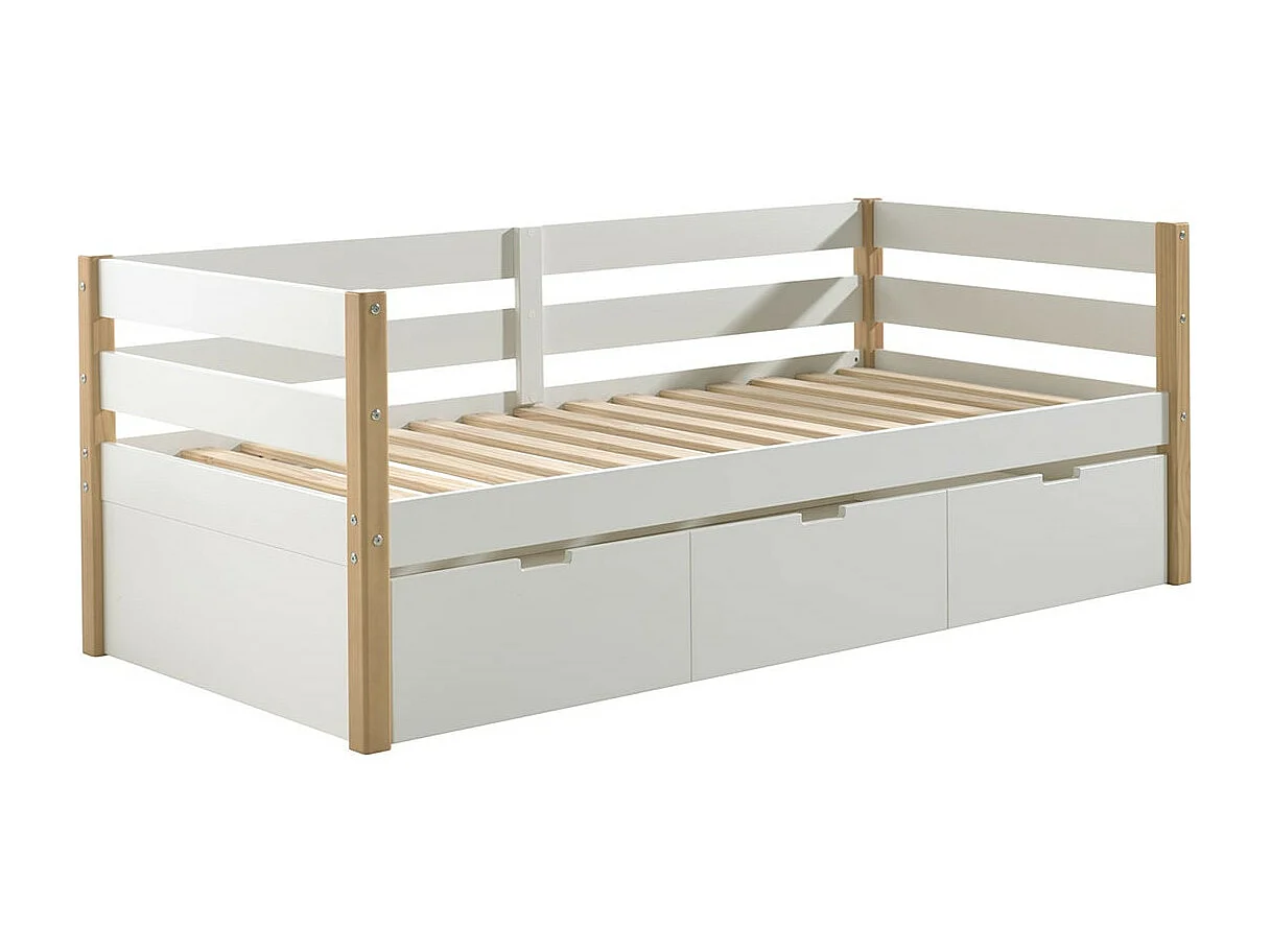 OLAF - Lit Gigogne 90x200cm Blanc et Bois