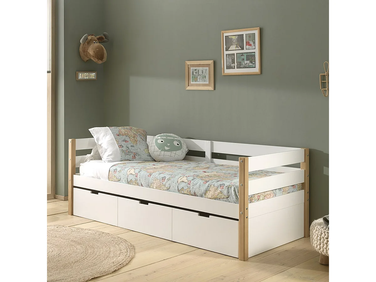 OLAF - Lit Gigogne 90x200cm Blanc et Bois