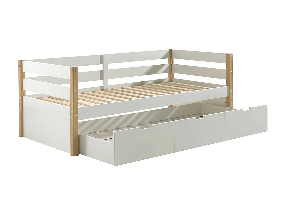 OLAF - Lit Gigogne 90x200cm Blanc et Bois