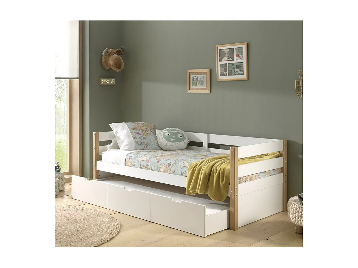 OLAF - Lit Gigogne 90x200cm Blanc et Bois