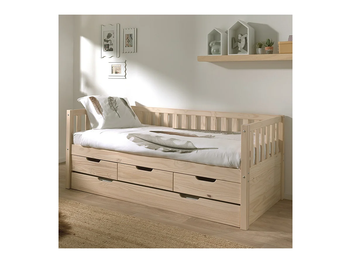 YAX - Lit Gigogne 90x200cm à Tiroirs en Pin Naturel
