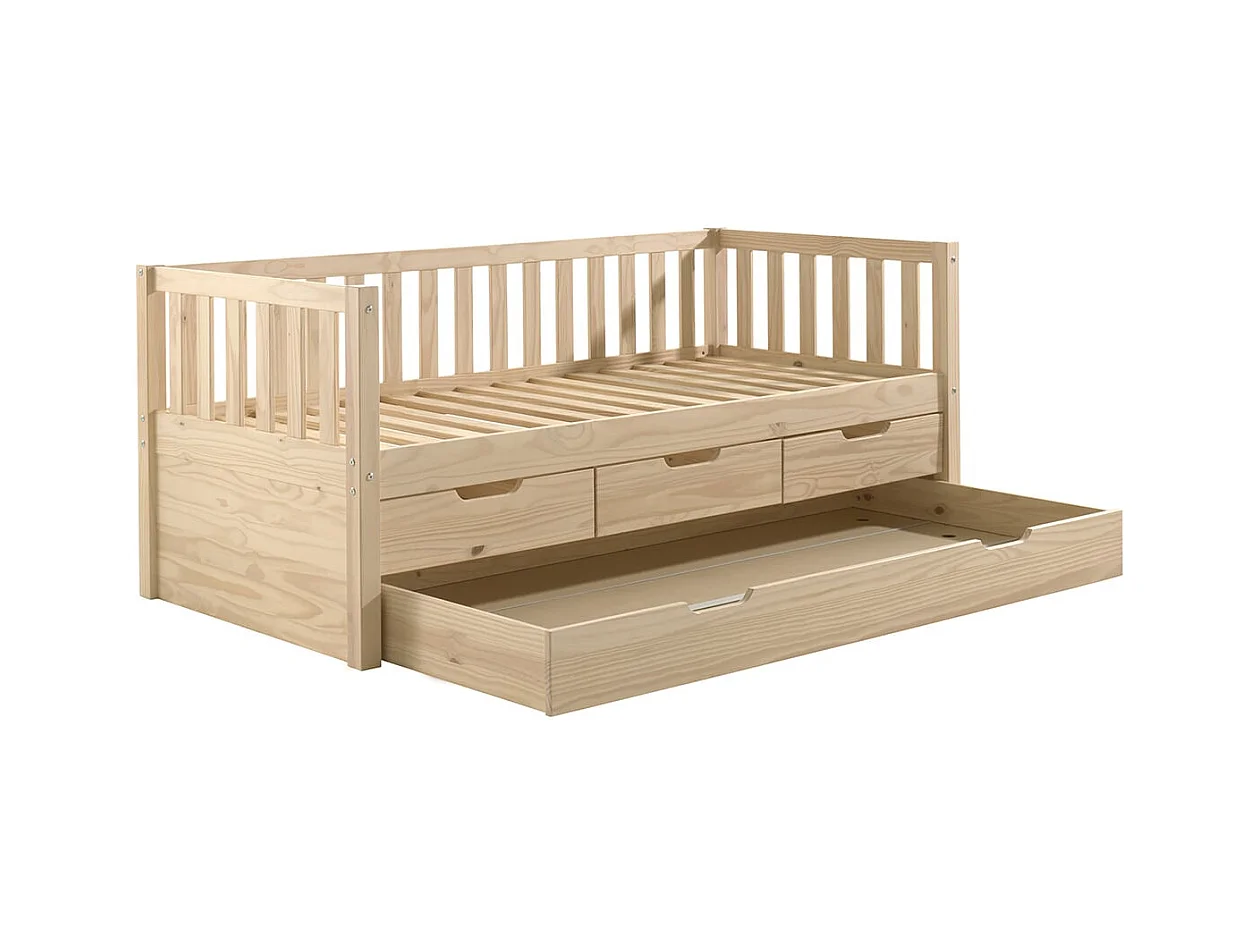 YAX - Lit Gigogne 90x200cm à Tiroirs en Pin Naturel