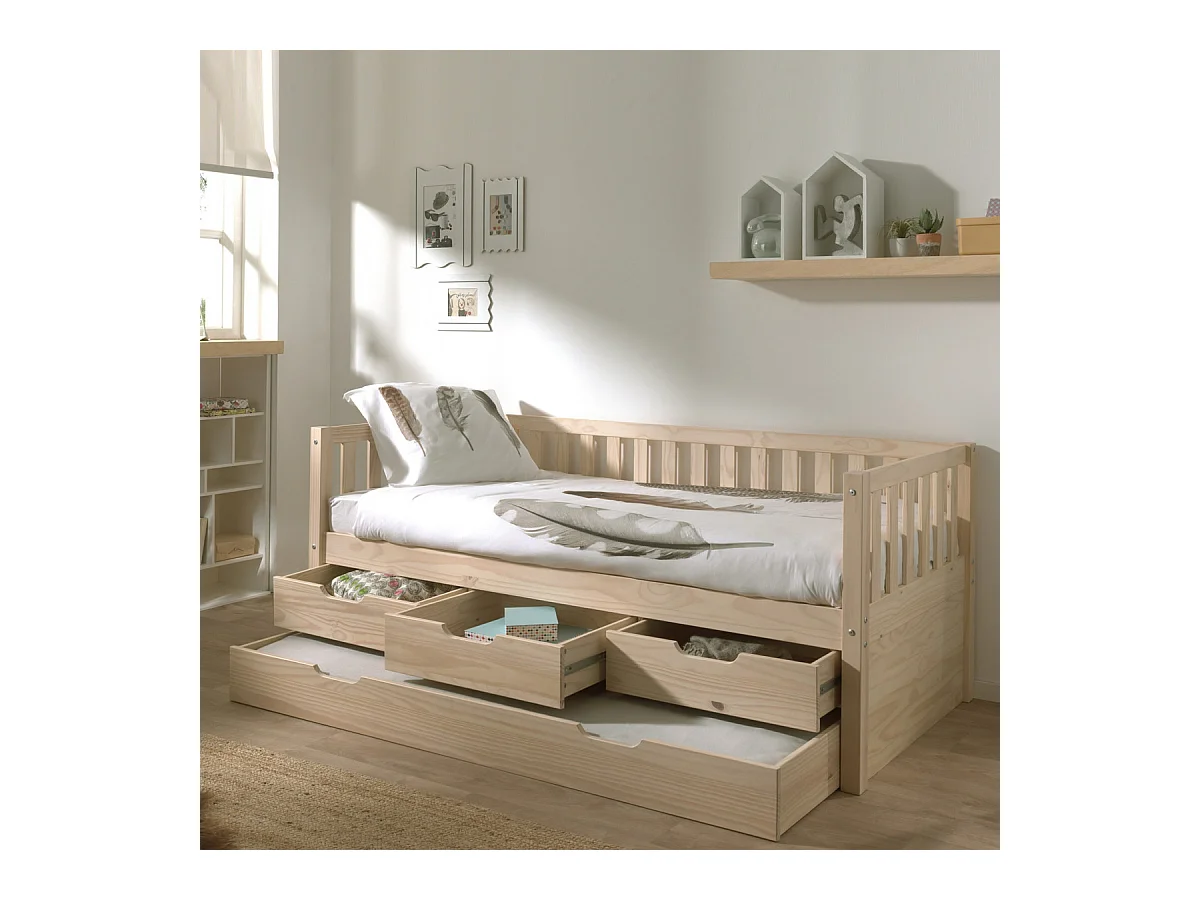 YAX - Lit Gigogne 90x200cm à Tiroirs en Pin Naturel