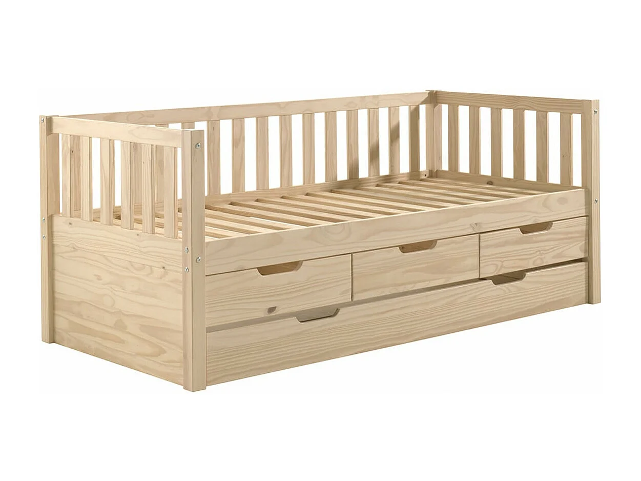 YAX - Lit Gigogne 90x200cm à Tiroirs en Pin Naturel