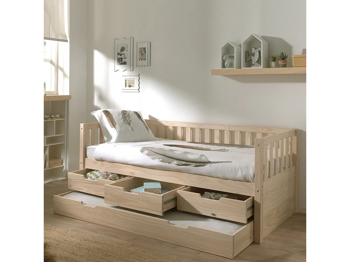 YAX - Lit Gigogne 90x200cm à Tiroirs en Pin Naturel