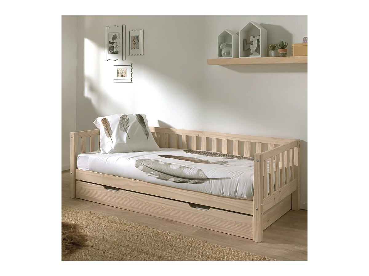 YAX - Lit Gigogne 90x200cm en Pin Naturel