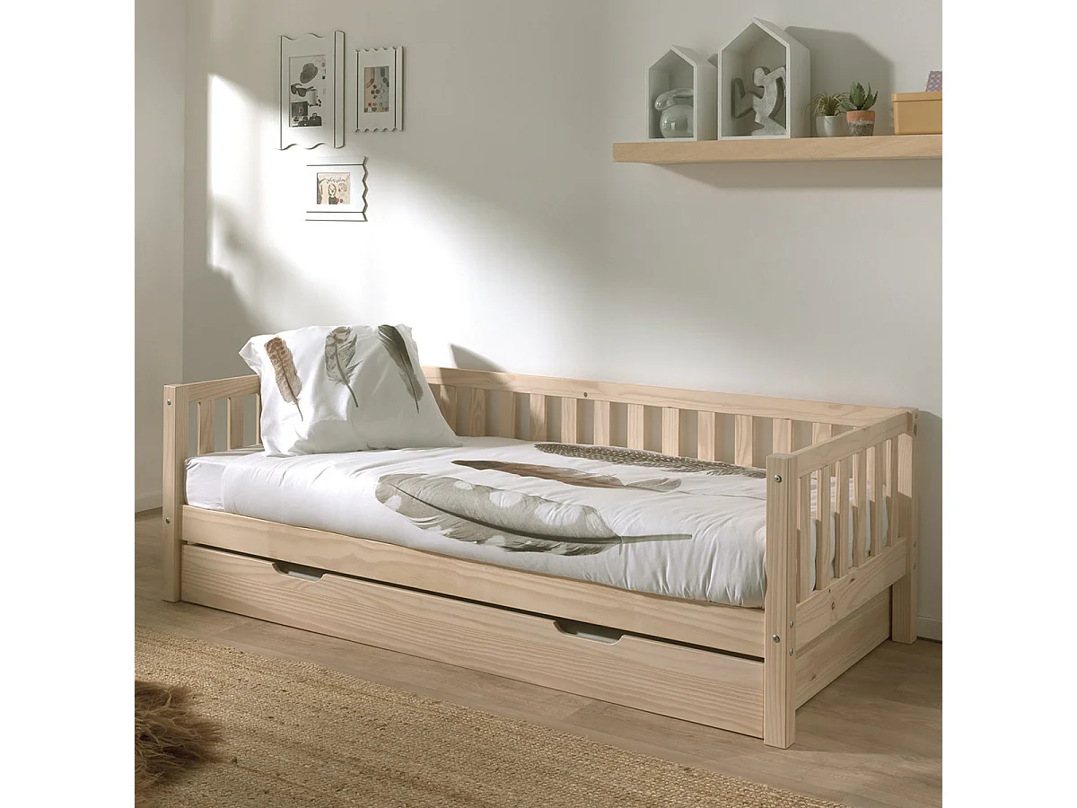 YAX - Lit Gigogne 90x200cm en Pin Naturel