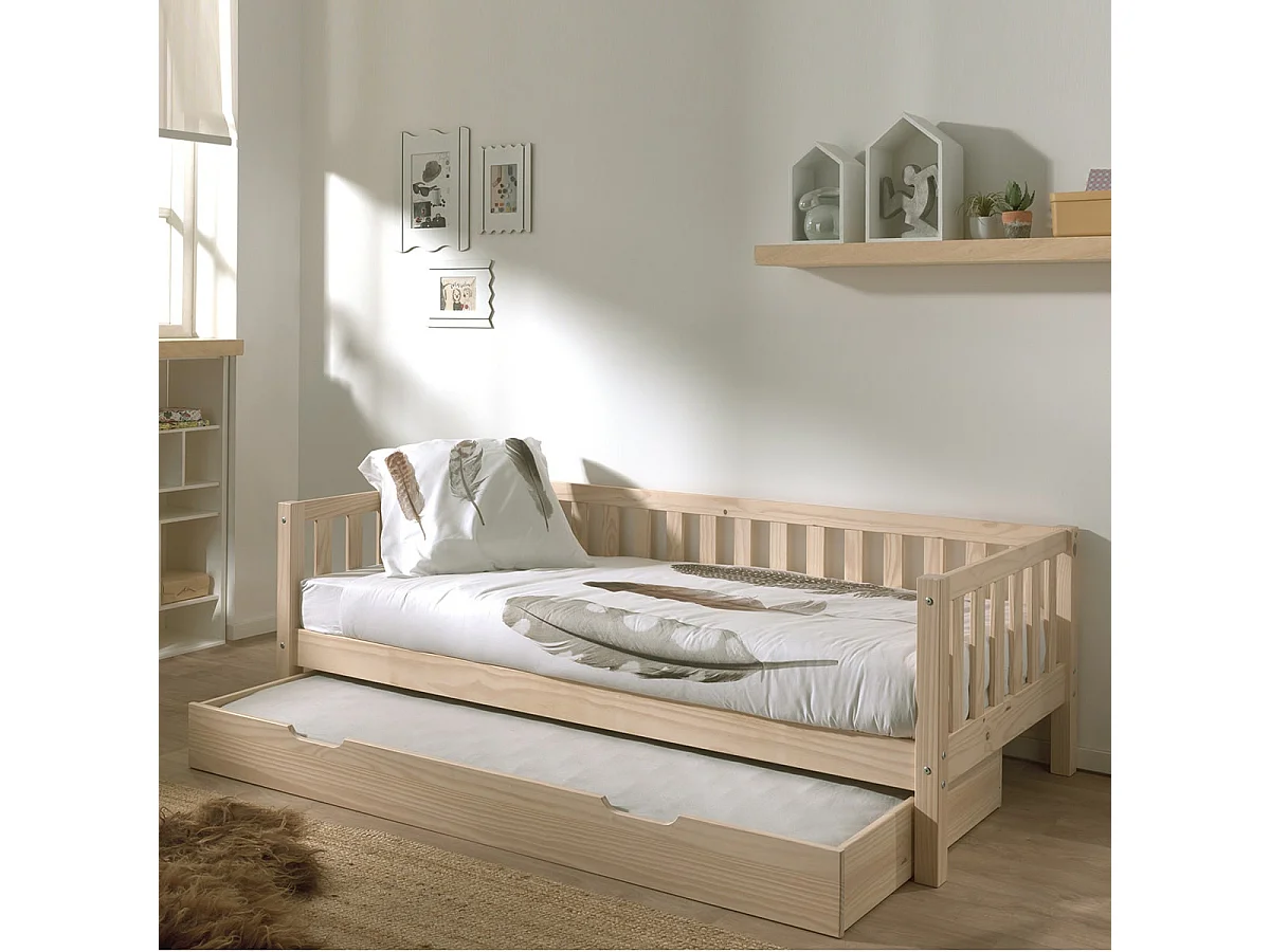 YAX - Lit Gigogne 90x200cm en Pin Naturel