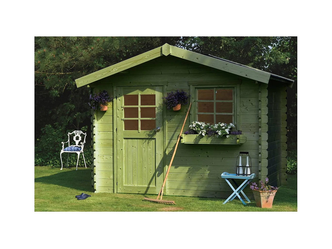 Abri jardin bois "Sologne" - Modèle imprégné (vert) - 8.88 m² - 2.98 x 2.98 x 2.39 m - 28 mm