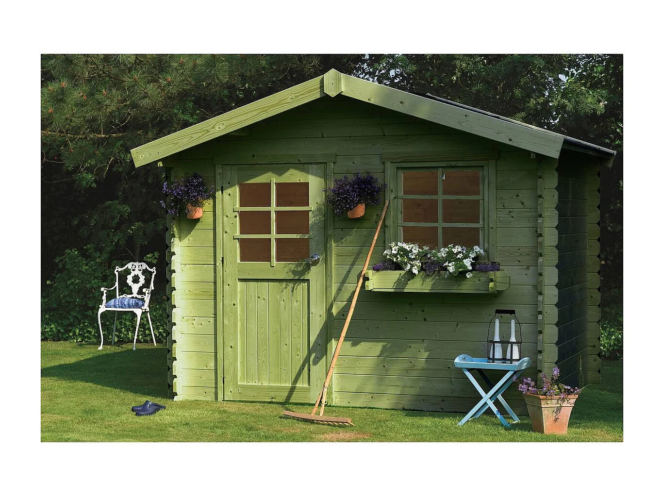 Abri jardin bois "Sologne" - Modèle imprégné (vert) - 8.88 m² - 2.98 x 2.98 x 2.39 m - 28 mm