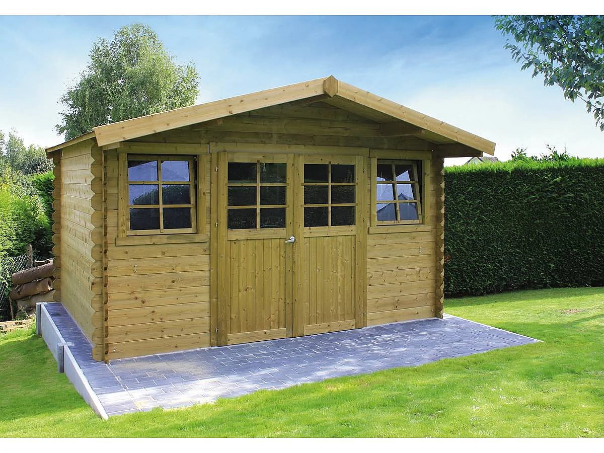 Casetta da giardino in legno "Dole" impregnato con doppia porta e finestre oscillo-battenti - 11,56 m²