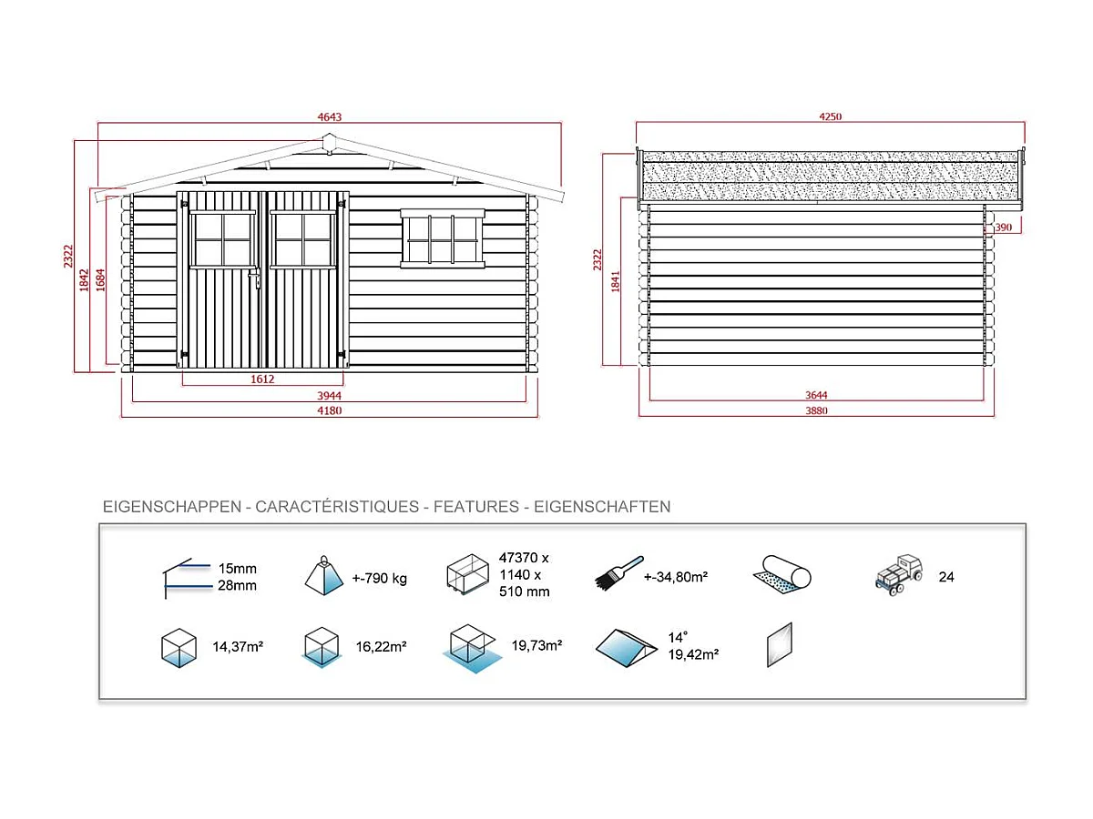Abri jardin bois - 19,72 m² - 4.64 x 4.25 x 2,32 m - 28 mm