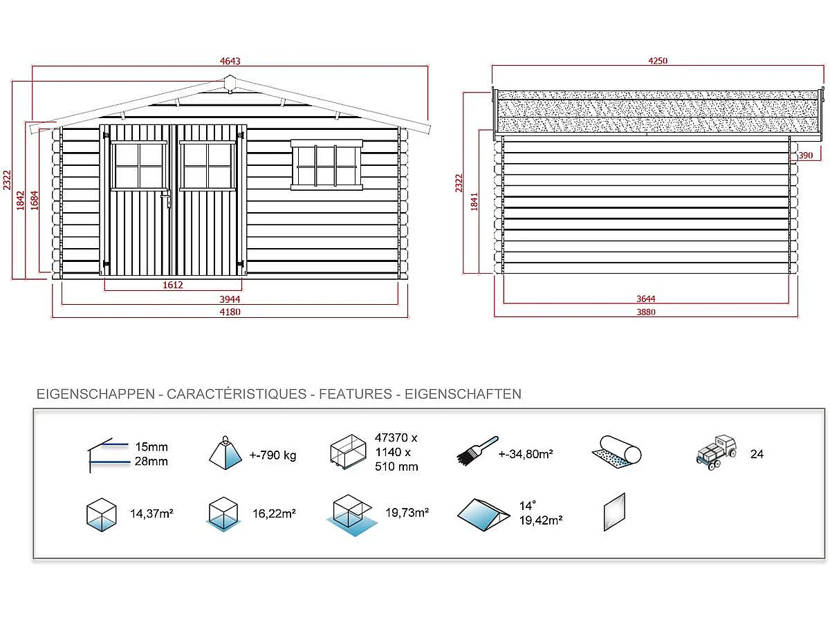 Abri jardin bois - 19,72 m² - 4.64 x 4.25 x 2,32 m - 28 mm
