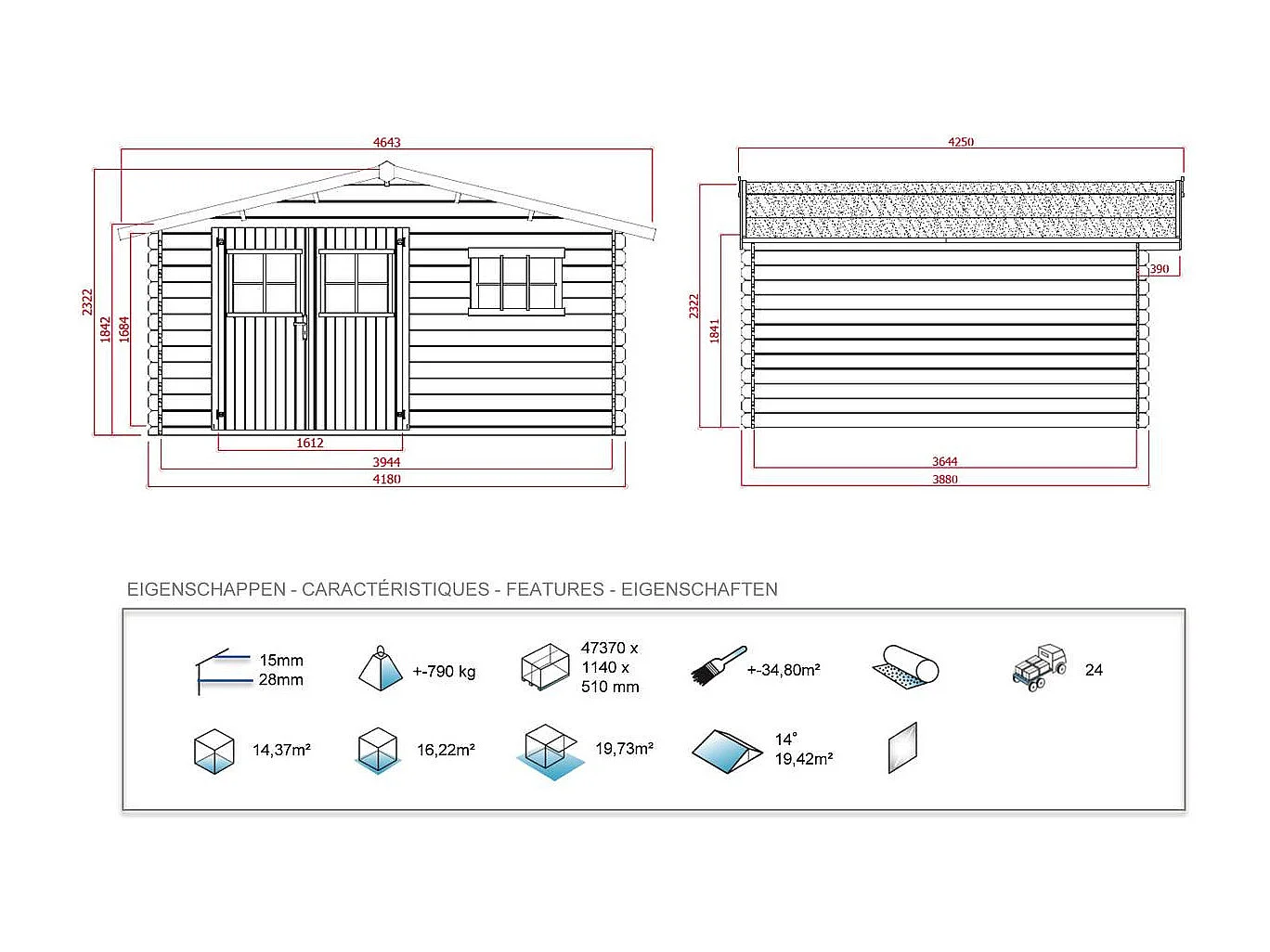 Houten tuinhuisje - 19.72 m² - 4.64 x 4.25 x 2.32 m - 28 mm