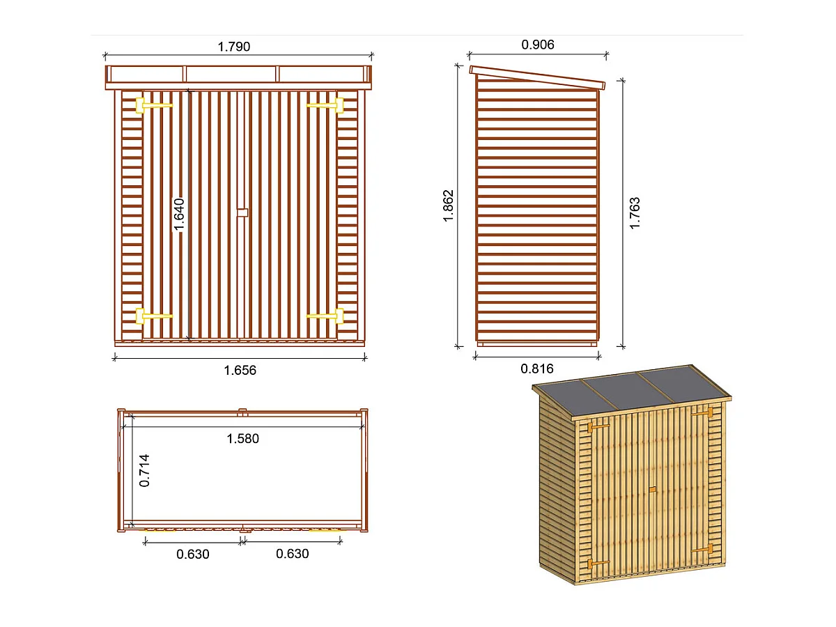 Gerätehaus aus Holz an Wand aufstellbar "Lipki". - 1,79 x 0,9 x 1,78/1,87 m  - 1,61 m² - 12 mm - Mit Fußboden