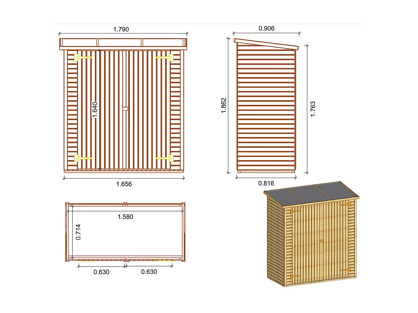 Abri jardin bois adossable "Lipki " - 1.79 x 0.9 x 1.78/1.87 m  - 1.61 m² - 12 mm - Avec plancher