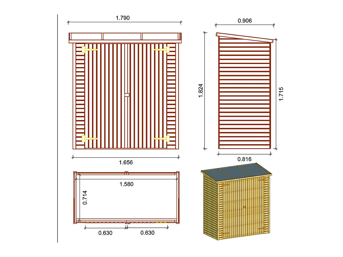 Abri jardin bois adossable Lipki - 1.79 X 0.90 X 1.78/1.87 m