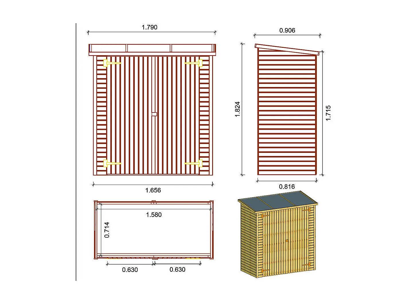 Abri jardin bois adossable Lipki - 1.79 X 0.90 X 1.78/1.87 m