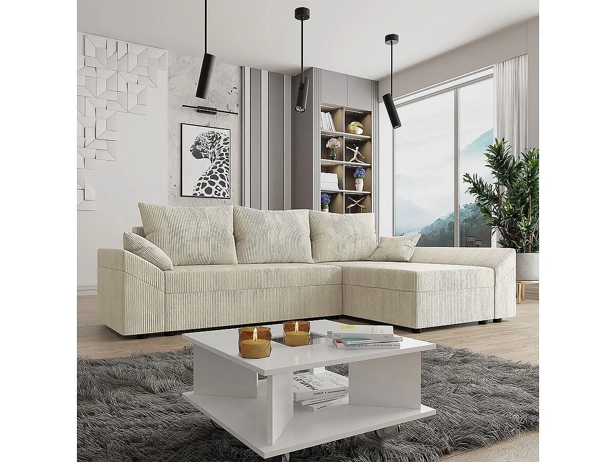 Canapé d'angle convertible avec coffre "Vaugirard 2 " en velours côtelé - 3 places - Beige