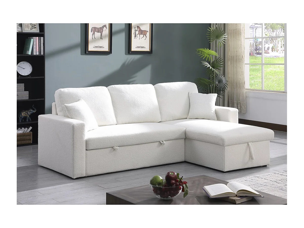Canapé d'angle convertible/reversible avec coffre "Alain" - 3 places - Bouclettes -  Blanc