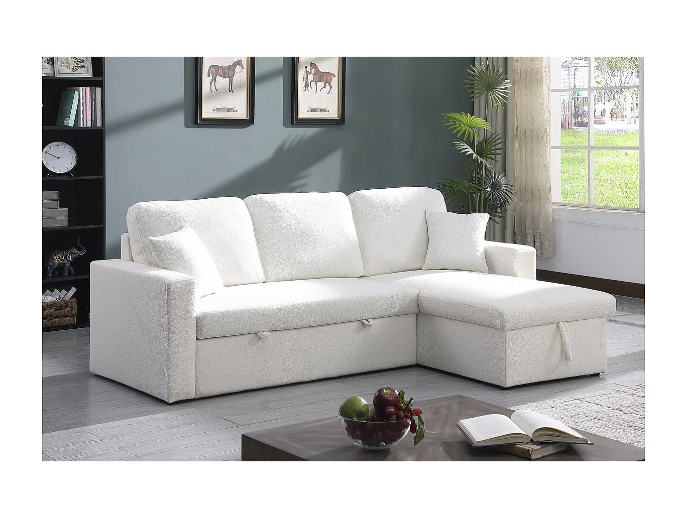 Ecksofa reversibel mit Schlaffunktion und Stauraum "Alain" - 3-Sitzer - Bouclé-Stoff -  Weiß