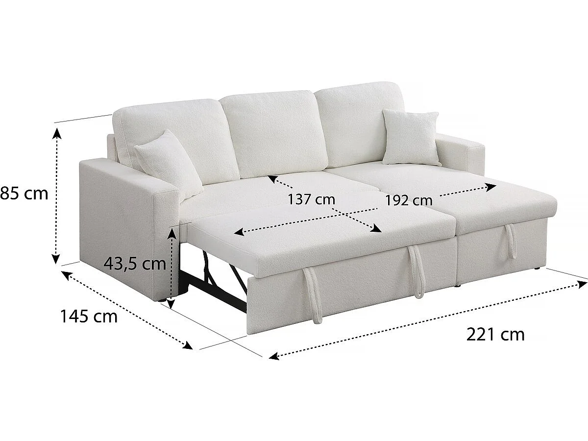 Canapé d'angle convertible 3 places avec coffre en laine blanc ALAIN
