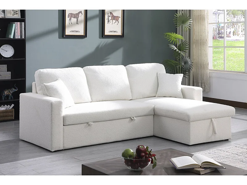 Canapé d'angle convertible/reversible avec coffre "Alain" - 3 places - Bouclettes -  Blanc