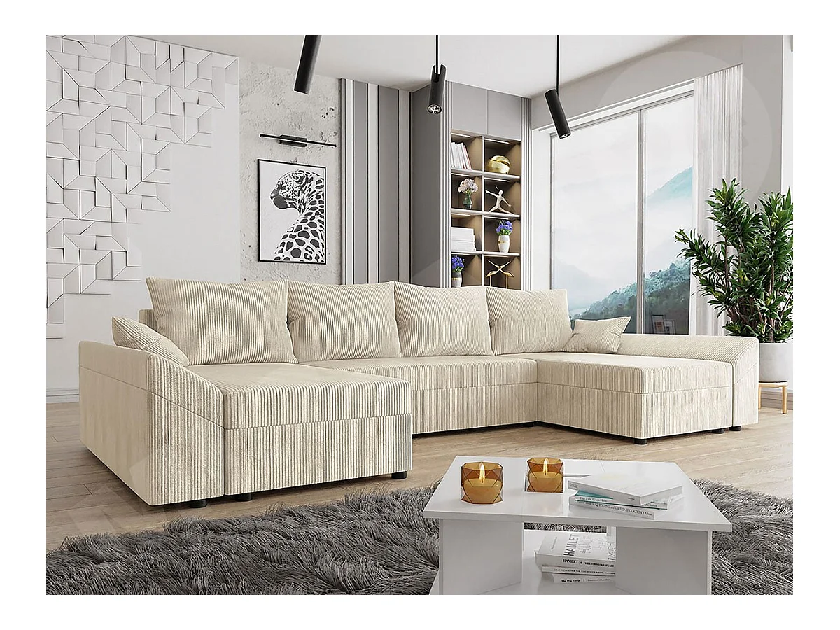 Canapé panoramique "Vaugirard" en velours côtelé - 5 places avec coffre de rangement et fonction lit - Beige