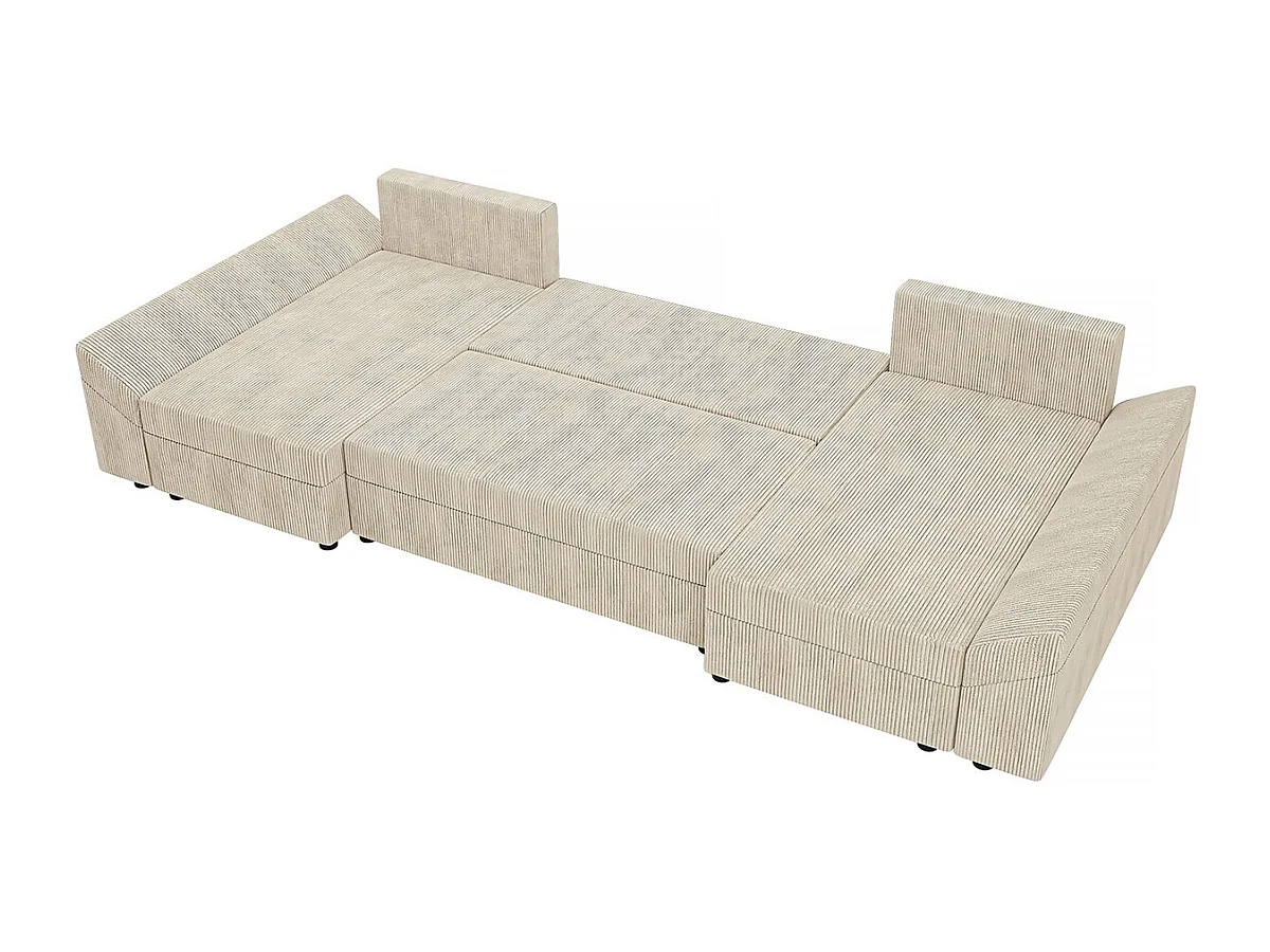 Canapé panoramique "Vaugirard" en velours côtelé - 5 places avec coffre de rangement et fonction lit - Beige