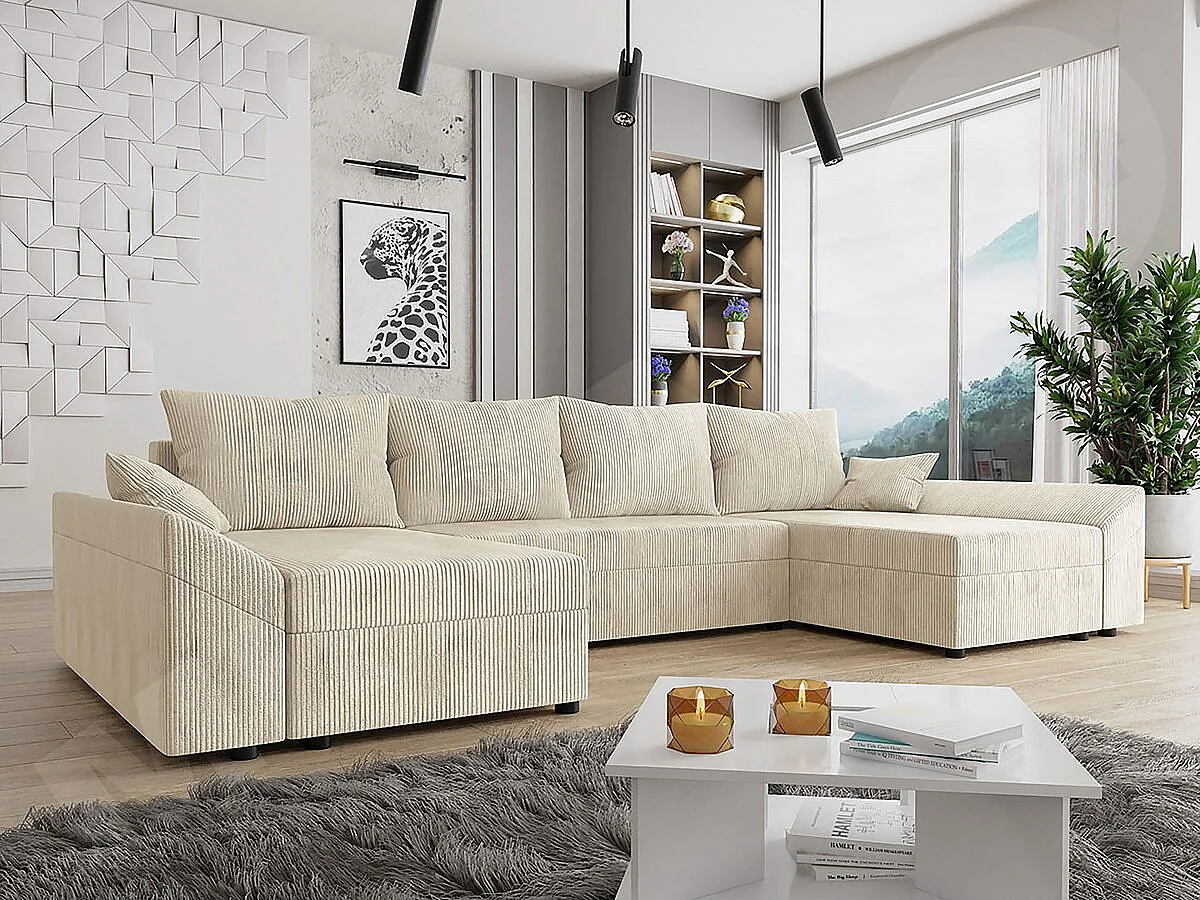 Canapé panoramique "Vaugirard" en velours côtelé - 5 places avec coffre de rangement et fonction lit - Beige
