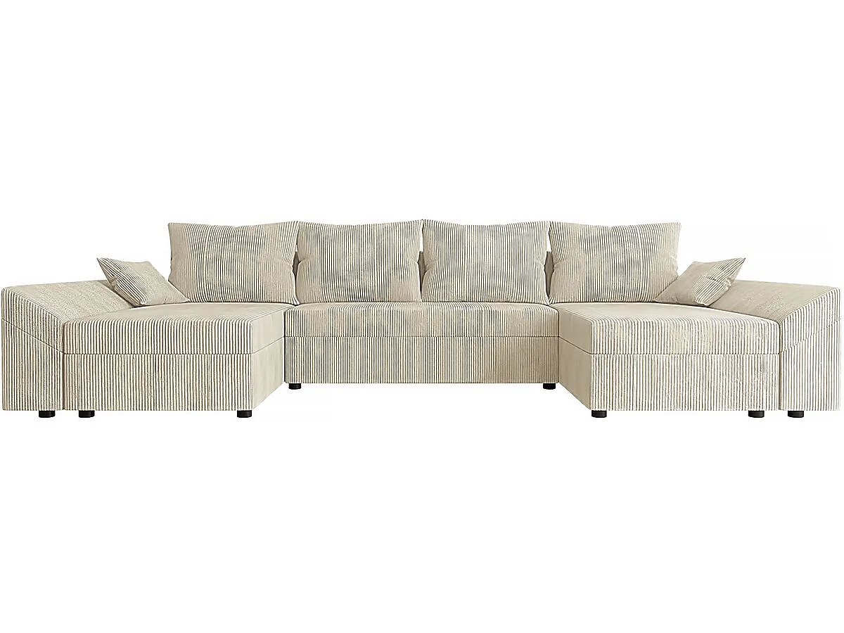 Canapé panoramique "Vaugirard" en velours côtelé - 5 places avec coffre de rangement et fonction lit - Beige