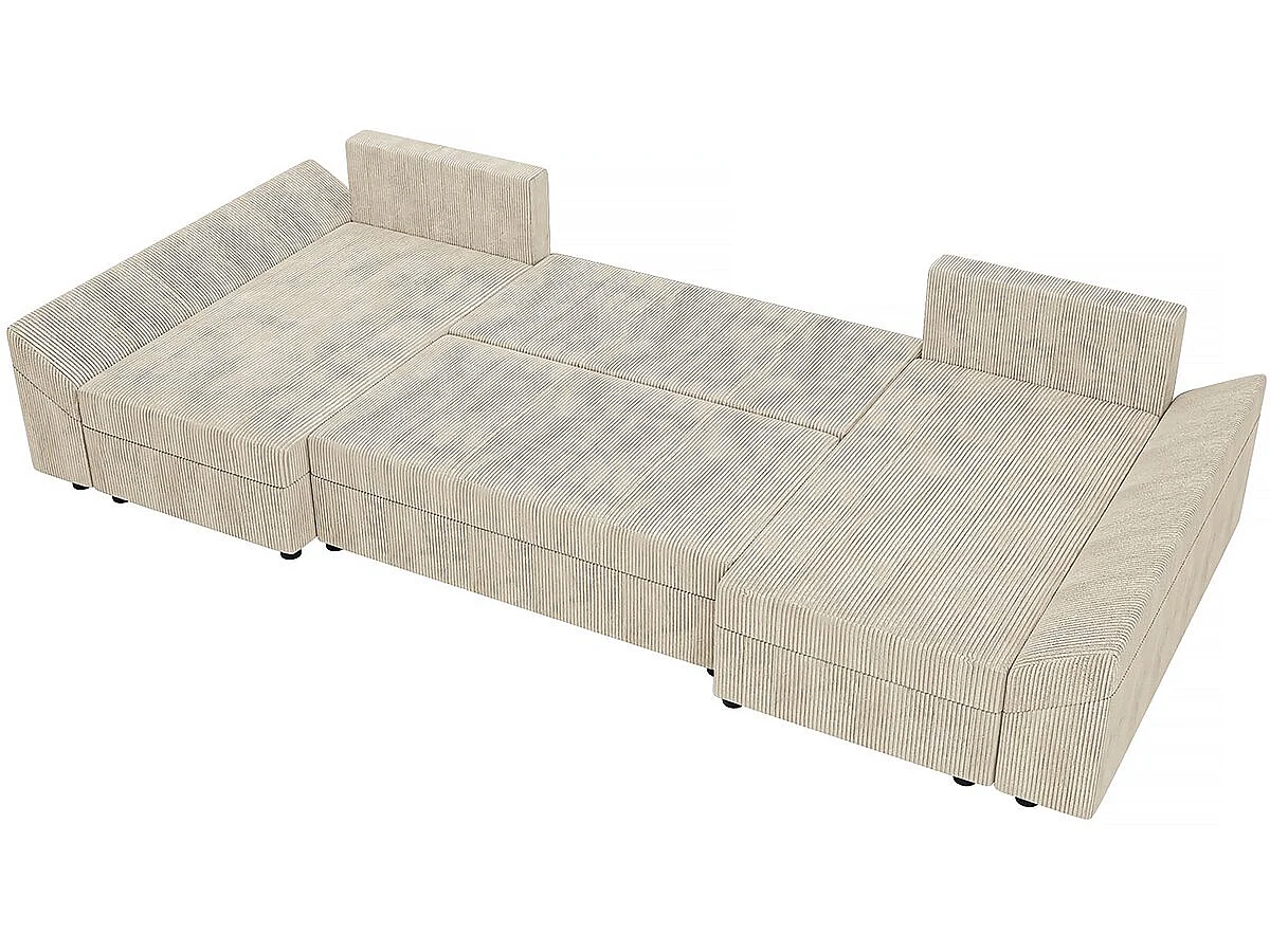 Canapé panoramique "Vaugirard" en velours côtelé - 5 places avec coffre de rangement et fonction lit - Beige