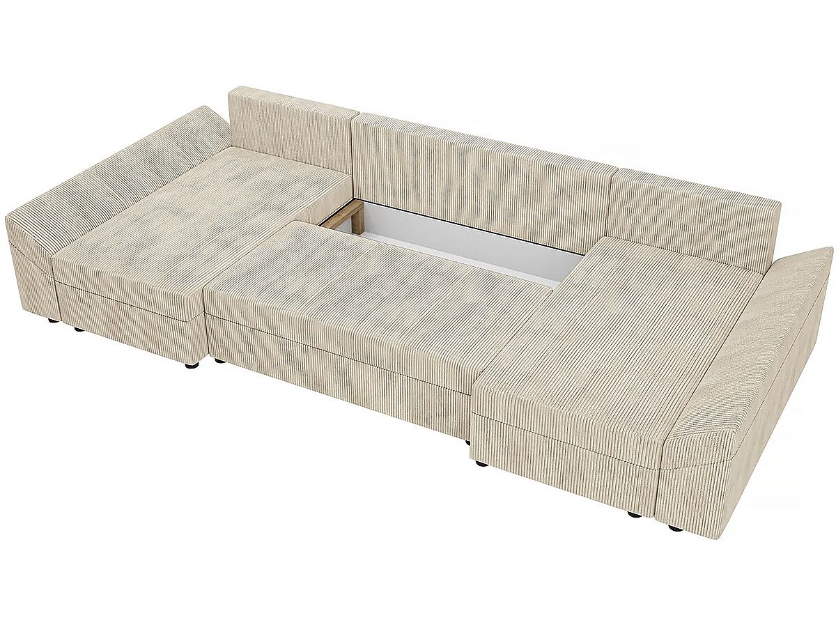 Canapé panoramique "Vaugirard" en velours côtelé - 5 places avec coffre de rangement et fonction lit - Beige