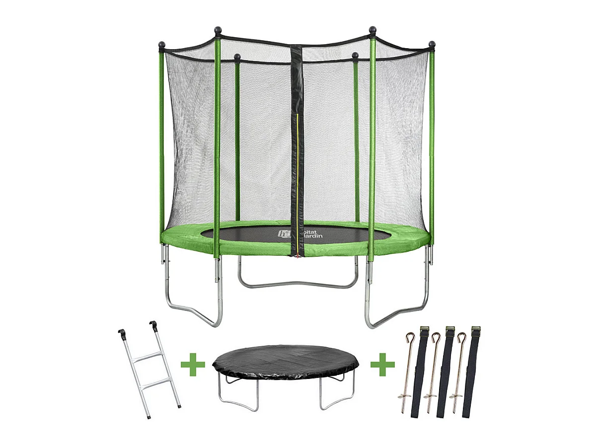 Trampoline "Yoopi" - Ø 3.05 m - Avec filet + échelle + couverture + kit d'ancrage
